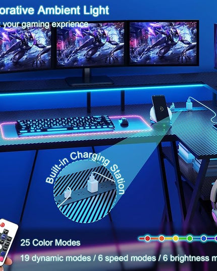 47 Inch L Shaped Gaming Desk L Desk Gaming Desk with Led Lights Computer Desk with Power Outlets Gaming Table Corner Desk for Bedroom Small Desk for Home Office,Black - LeafyLoom
