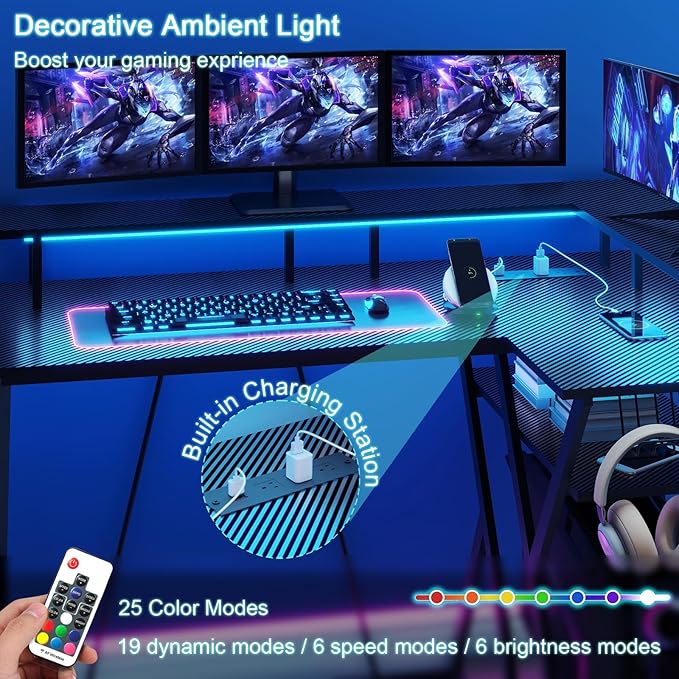 47 Inch L Shaped Gaming Desk L Desk Gaming Desk with Led Lights Computer Desk with Power Outlets Gaming Table Corner Desk for Bedroom Small Desk for Home Office,Black - LeafyLoom