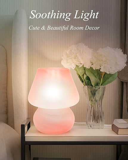 Mushroom Lamp Cute Table Lamp for Bedroom Nightstand Soft Light Pink, Small Glass Nightlight Stepless Dimmable Desk Lamp for Dining, Living, Nursery, Vanity, Home Decor Gift for Girls Women - LeafyLoom