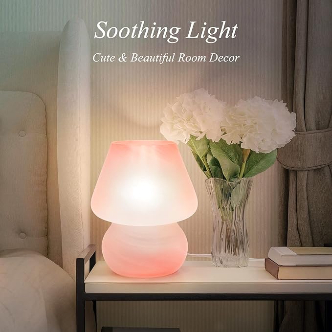 Mushroom Table Lamps for Bedroom Set of 2 Nightstand Light Pink, Small Glass Nightlight Stepless Dimmable Desk Lamp for Dining, Living, Nursery, Vanity, Home Decor, Gift for Girls Women - LeafyLoom
