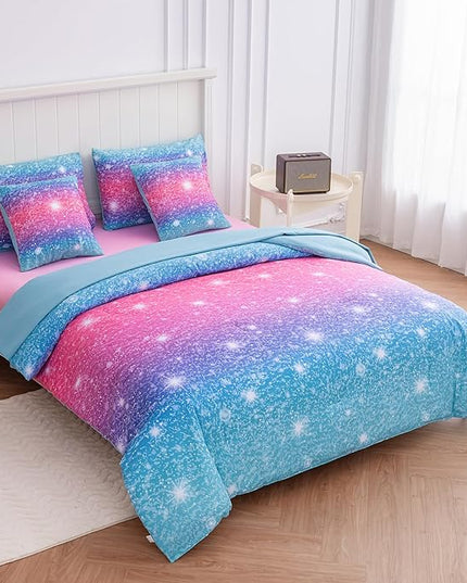 Twin Comforter Set for Girls Galaxy Bedding 7pieces, Ombre Bedding Comforter Sets Rainbow Comforter, Glitter Bedding Twin Teen Comforter Sets for Girls (Blue) - LeafyLoom