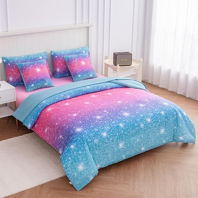 Twin Comforter Set for Girls Galaxy Bedding 7pieces, Ombre Bedding Comforter Sets Rainbow Comforter, Glitter Bedding Twin Teen Comforter Sets for Girls (Blue) - LeafyLoom