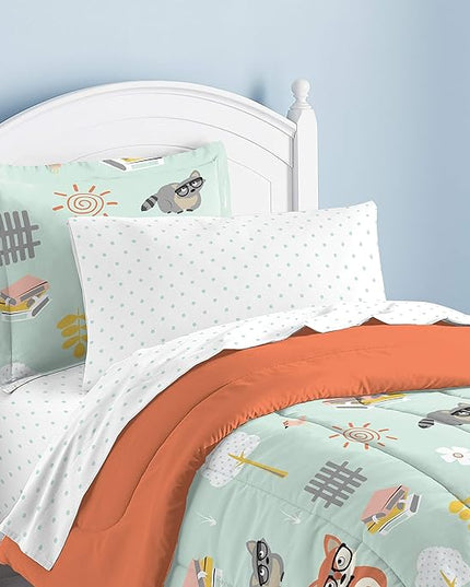 dream FACTORY Kids 5-Piece Complete Set Easy-Wash Super Soft Microfiber Comforter Bedding, Twin, Green Woodland Friends - LeafyLoom