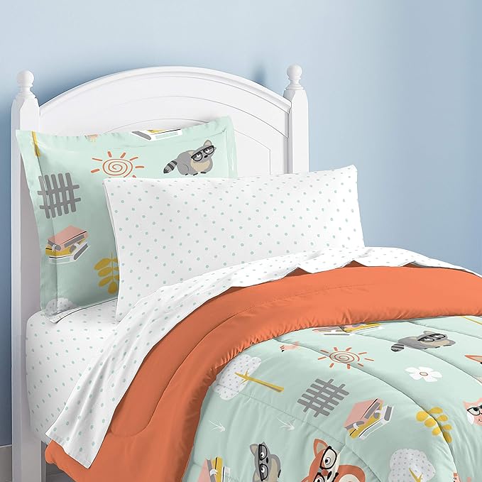 dream FACTORY Kids 5-Piece Complete Set Easy-Wash Super Soft Microfiber Comforter Bedding, Twin, Green Woodland Friends - LeafyLoom