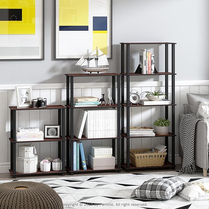 Furinno Turn-N-Tube 5-Tier Multipurpose Shelf / Display Rack / Storage Shelf / Bookshelf, Square Tubes, Dark Cherry/Black - LeafyLoom