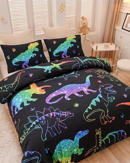Meeting Story Dinosaur Comforter Set, Fluorescence Gradation Dinosaur Twin Comforter Set, 3 PCS 1 Comforter and 2 Pillowcases in One Bag, All Season Bedspread for Kids Teens Adults（Twin） - LeafyLoom