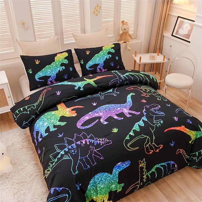Meeting Story Dinosaur Comforter Set, Fluorescence Gradation Dinosaur Twin Comforter Set, 3 PCS 1 Comforter and 2 Pillowcases in One Bag, All Season Bedspread for Kids Teens Adults（Twin） - LeafyLoom