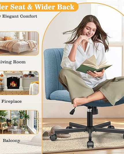 Armless Office Chair with Wheels, Ergonomic Wide Seat Fabric Cross Legged Desk Chair, Swivel Computer Chair for Home Office, Modern Vanity Chair Navy Blue - LeafyLoom
