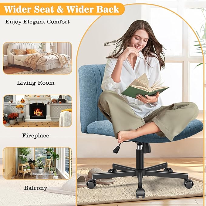 Armless Office Chair with Wheels, Ergonomic Wide Seat Fabric Cross Legged Desk Chair, Swivel Computer Chair for Home Office, Modern Vanity Chair Navy Blue - LeafyLoom