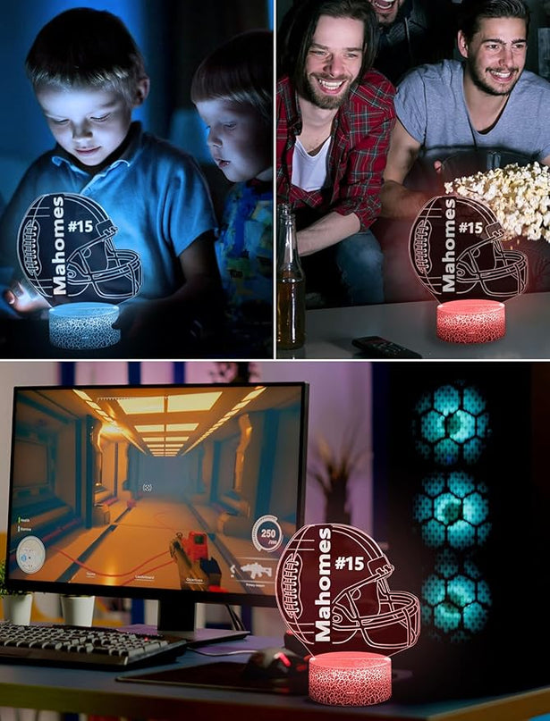 Kids Night Light Football 3D Optical Illusion Lamp with Remote Control 16 Colors Changing Mahomes Helmet Decor Birthday Xmas Valentine's Day Gift Idea for Kansas City Fan Boys Girls - LeafyLoom