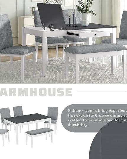 Dining Table Set for 6 with Drawer, Kitchen Table Set with Storage Table, Dining Room Table Set with Storable Bench and Upholstered Chairs for Living Room, Gray+White - LeafyLoom