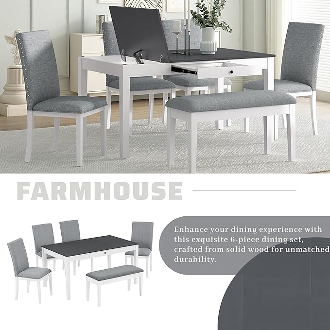 Dining Table Set for 6 with Drawer, Kitchen Table Set with Storage Table, Dining Room Table Set with Storable Bench and Upholstered Chairs for Living Room, Gray+White - LeafyLoom