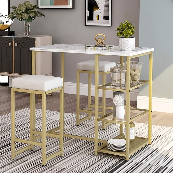 Merax 3-Piece White/Gold Modern Pub Set Counter Height Breakfast Table with 4 Bar Stool for Kitchen Dining Room - LeafyLoom