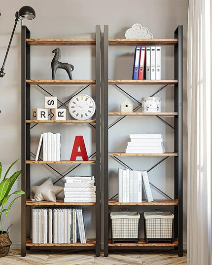 IRONCK Bookshelf 6-Tier Ladder Shelf 110lbs/shelf Display Shelf Vintage Industrial Style Bookcase for Home Office, Living Room - LeafyLoom