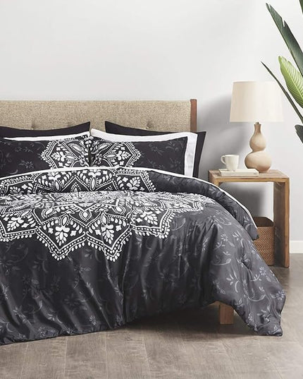 Comfort Spaces Bed in A Bag - Trendy Casual Design Cozy Comforter with Complete Sheet Set with Side Pocket, All Season Cover, Matching Shams, Queen(90"x90"), Ava Medallion Black 9 Piece - LeafyLoom
