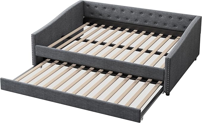 Full Size Daybed with Trundle, Linen Upholstered Tufted Sofa Day Bed Frame with Button, Waved Shape Arms & Nailhead, Wooden Slats Support for Apartment,Bedroom, Dark Grey-1 - LeafyLoom