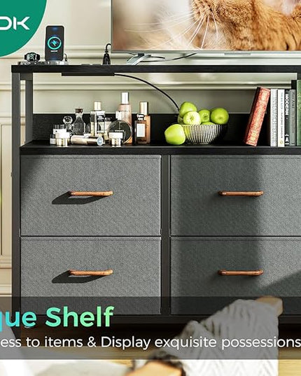 AODK Dresser with Charging Station, 52-Inch Long Dresser for Bedroom with 7 Large Fabric Drawers, Entertainment Center with Open Shelves for 55-Inch TV for Living Room, Black and Dark Grey - LeafyLoom