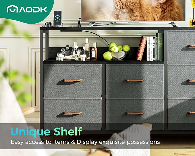 AODK Dresser with Charging Station, 52-Inch Long Dresser for Bedroom with 7 Large Fabric Drawers, Entertainment Center with Open Shelves for 55-Inch TV for Living Room, Black and Dark Grey - LeafyLoom