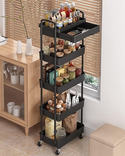 5-Tier Rolling Utility Cart，Trolley with Drawer, Multifunctional Storage Organizer with Plastic Shelf & Metal Wheels, Storage Cart for Living Room, Kitchen, Office, Bathroom, Black - LeafyLoom