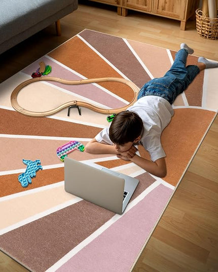 Topotdor Sun Rainbow Area Rug 3 x 5ft Boho Kids Nursery Rug, Colorful Washable Area Rug Ultra Soft Circle Classroom Rug Non-Slip for Bedroom Living Room Playroom Decor, Orange - LeafyLoom