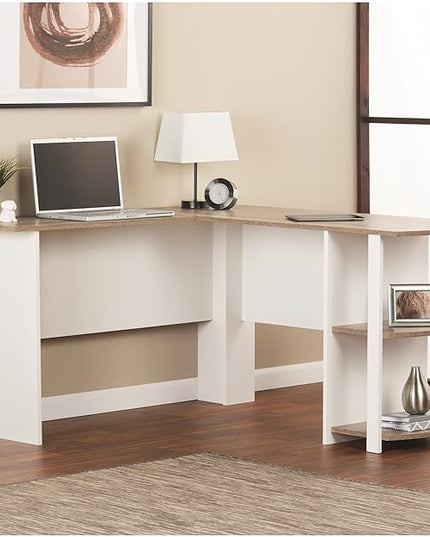 Dakota L-Shaped Desk with Bookshelves, White/Sonoma Oak - LeafyLoom