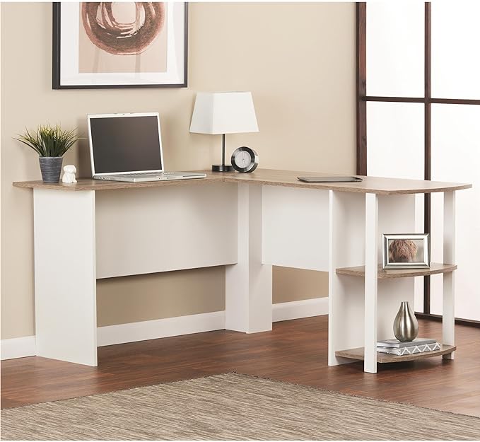 Dakota L-Shaped Desk with Bookshelves, White/Sonoma Oak - LeafyLoom