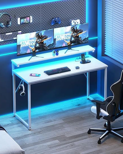 AODK Computer Desk, 48 Inch Gaming Desk with LED Lights and Power Outlet, Office Desk with Adjustable Monitor Shelf (3 Heights), Computer Table Work Desk for Home/Bedroom, White - LeafyLoom