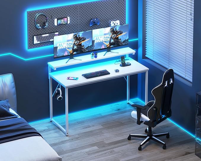 AODK Computer Desk, 48 Inch Gaming Desk with LED Lights and Power Outlet, Office Desk with Adjustable Monitor Shelf (3 Heights), Computer Table Work Desk for Home/Bedroom, White - LeafyLoom