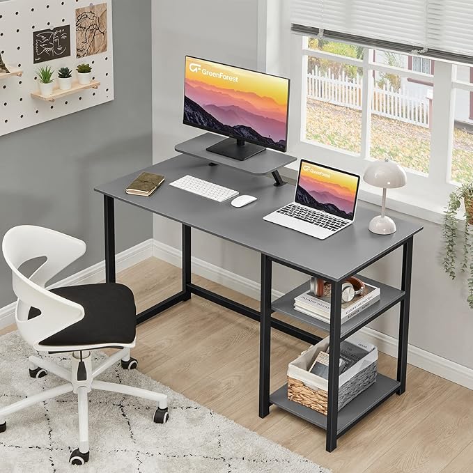 GreenForest Computer Desk with Monitor Stand,39 inch Home Office Desk with Reversible Storage Shelves,Modern Small Writing Desk Study Table,Work Form Home,Grey - LeafyLoom