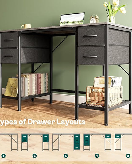 47 Inch Computer Desk with 4 Drawers, Office Desk with Mesh Shelf, Gaming Desk, Large Storage, Writing Desk Work Desk for Home Office, Study, Bedroom, Work from Home, Grey - LeafyLoom