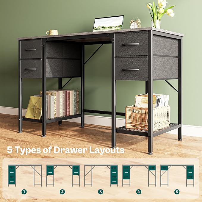 47 Inch Computer Desk with 4 Drawers, Office Desk with Mesh Shelf, Gaming Desk, Large Storage, Writing Desk Work Desk for Home Office, Study, Bedroom, Work from Home, Grey - LeafyLoom