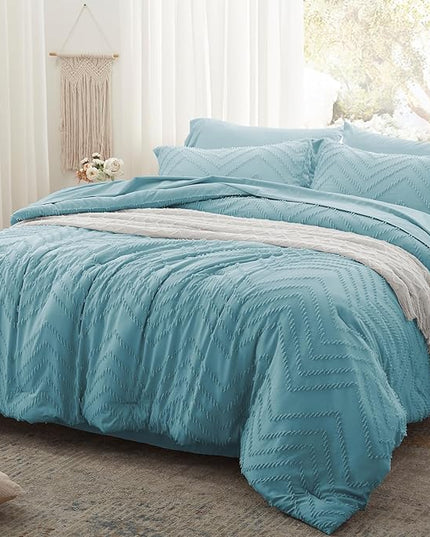 Anluoer King Comforter Set, Sky Blue Tufted Bed in a Bag 7 Pieces with comforters and sheets, All Season Bedding Sets with 1 Comforter, 2 PillowShams, 2 Pillowcases, 1 Flat Sheet, 1 Fitted Sheet - LeafyLoom