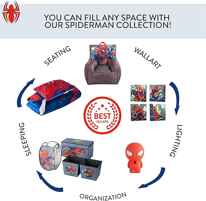 Idea Nuova Marvel Spiderman Toddler Nylon Bean Bag Chair with Piping & Top Carry Handle, Large - LeafyLoom