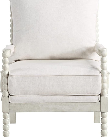 OSP Home Furnishings Kaylee Spindle Accent Chair with Antique Wood Frame, 26.5” W x 32.25” D x 37” H, White Linen Fabric - LeafyLoom