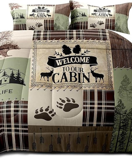 LUVIVIHOME 3PCS Rustic Cabin Comforter Set King Size, Brown Plaid Patchwork Sage Green Quilt, Bear Deer Moose Woodland Forest Animal Hunting Wildlife Lodge Country Farmhouse Bedding, 2 Pillow Shams - LeafyLoom