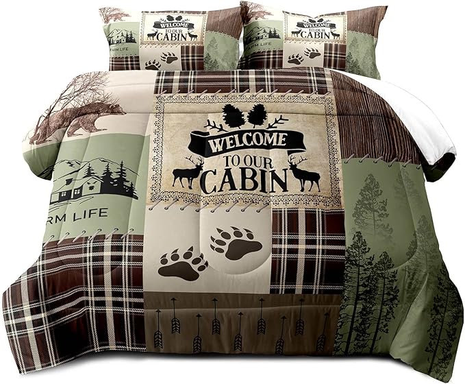 LUVIVIHOME 3PCS Farmhouse Comforter Set Full Size, Brown Plaid Patchwork Sage Green Quilt Bear Deer Elk Moose Woodland Forest Animal Hunting Wildlife Lodge Country Rustic Cabin Bedding, 2 Pillow Shams - LeafyLoom