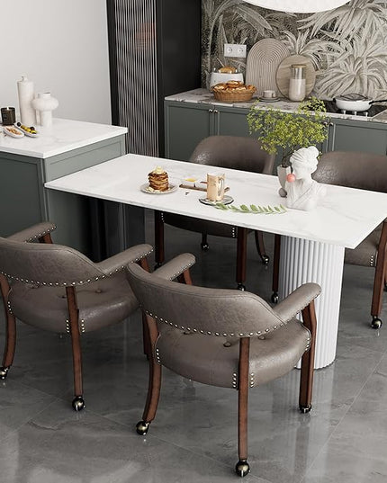 Large Dining Chairs with Casters and Arms, Rolling Dining Chairs with Wheels, Poker Chairs, Solid Wood Office Desk Chairs, 26"D x 25.2"W x 31.5"H, Cherry Legs & Dark Brown Fabric SY-1533-DK - LeafyLoom