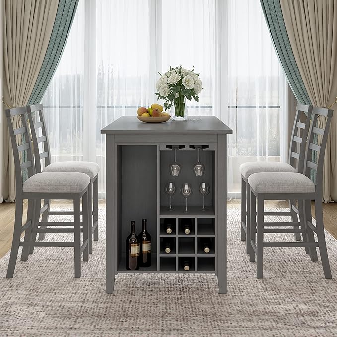 NicBex Small Kitchen Table Set for 4 Bar Table and Chairs Set 5-Piece Multi-Functional Rubber Wood Counter Height Dining Set with Padded Chairs for Dining Room, Gray - LeafyLoom