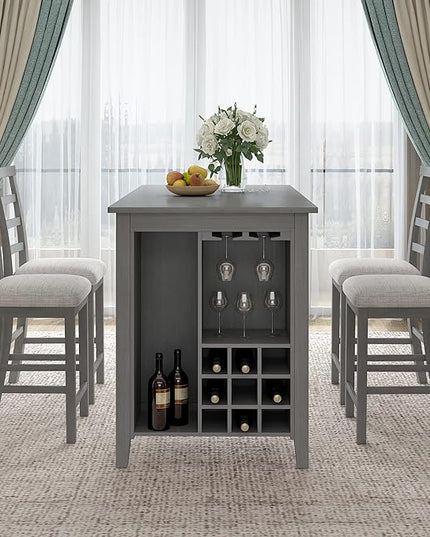 5-Piece Wooden Counter Height Dining Set, Multi-Functional Rubber Wood Table with Padded Chairs and Integrated 9 Bar Wine Compartment, Wineglass Holders for Home Living Room, Gray - LeafyLoom