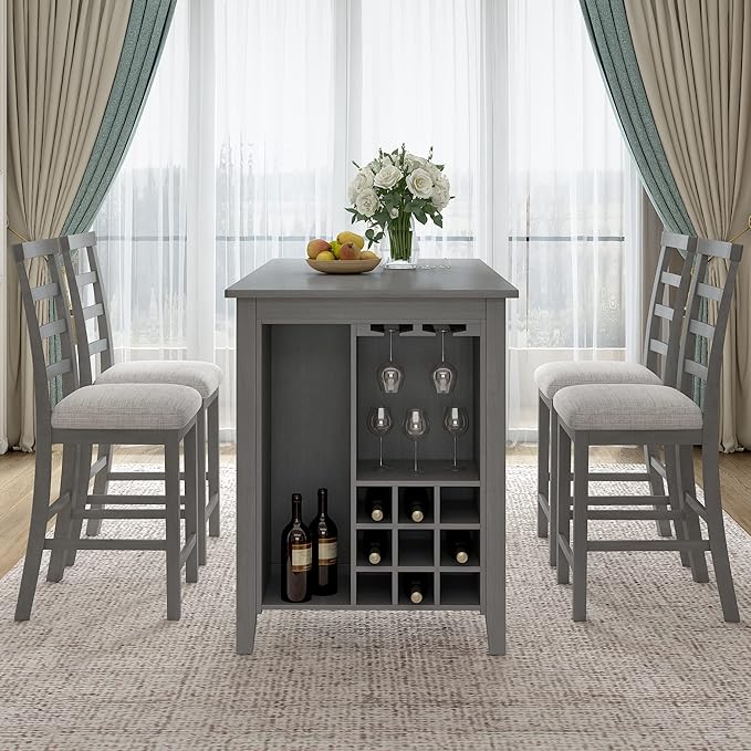 5-Piece Wooden Counter Height Dining Set, Multi-Functional Rubber Wood Table with Padded Chairs and Integrated 9 Bar Wine Compartment, Wineglass Holders for Home Living Room, Gray - LeafyLoom