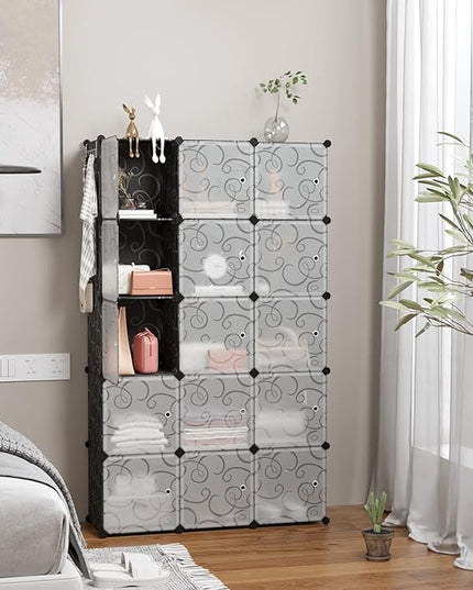 C&AHOME Cube Storage Organizer, 16-Cube Storage Shelving with Doors, Modular Book Shelf, Plastic Shelves Organizing Units, Ideal for Bedroom Living Room 48.4" L × 12.4" W × 48.4" H Black SHS3016B-DOOR - LeafyLoom