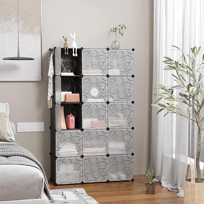 C&AHOME Cube Storage Organizer, 16-Cube Storage Shelving with Doors, Modular Book Shelf, Plastic Shelves Organizing Units, Ideal for Bedroom Living Room 48.4" L × 12.4" W × 48.4" H Black SHS3016B-DOOR - LeafyLoom