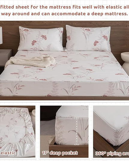 QSH Floral Bed Sheets King Size - 100% Egyptian Cotton Floral Bedding Sheets Aesthetic Flower Pattern Printed Bedding King Size Bed Sheets 17.5" Extra Deep Pocket 4pcs - LeafyLoom