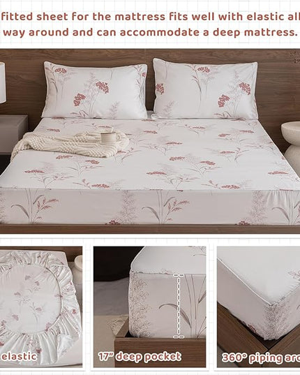 QSH Floral Bed Sheets Queen Size - 100% Egyptian Cotton Sheets Elegant Aesthetic Flower Pattern Printed Bedding Sheets Queen Size Bed Extra Soft and Breathable 4pcs Deep Pockets Bed Sheets - LeafyLoom