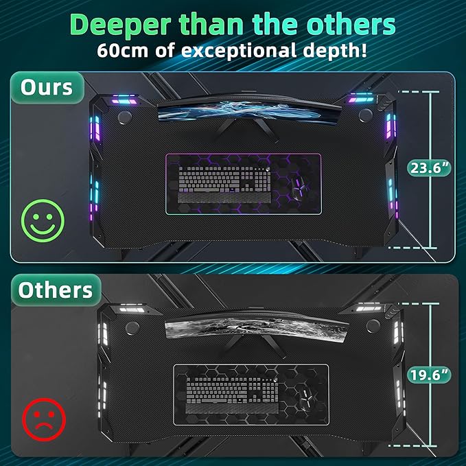 Gaming Desk with LED Lights, 47 Inch Computer Desk for Home Small Space, Gaming Table with Carbon Fiber Surface, PC Gamer Desk for Kids Boys Men, Black - LeafyLoom