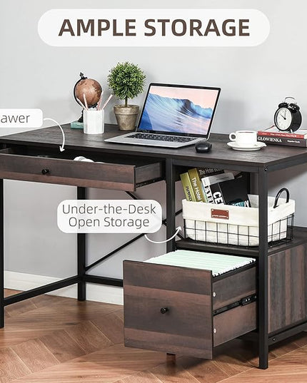 HOMCOM Industrial Style Home Office Desk with Filing Cabinet Storage Drawer for Letter Size Papers and Steel Frame, Black/Walnut - LeafyLoom