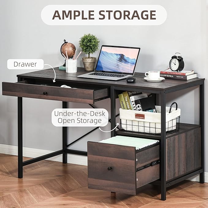 HOMCOM Industrial Style Home Office Desk with Filing Cabinet Storage Drawer for Letter Size Papers and Steel Frame, Black/Walnut - LeafyLoom