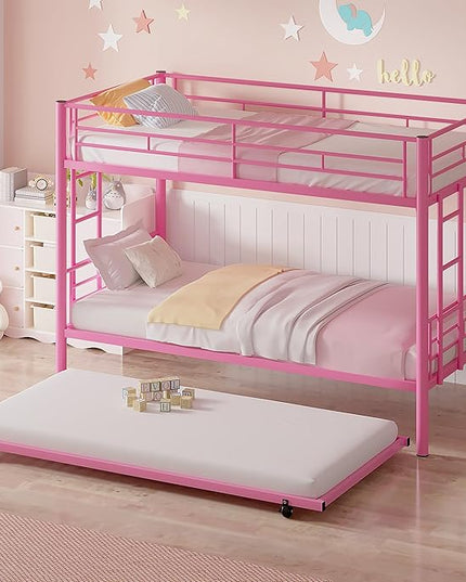 VECELO Twin Over Twin Bunk Bed with Trundle, Metal Bunkbeds with Ladder and Full-Length Guardrail, Noise Free, No Box Spring Needed, Pink - LeafyLoom