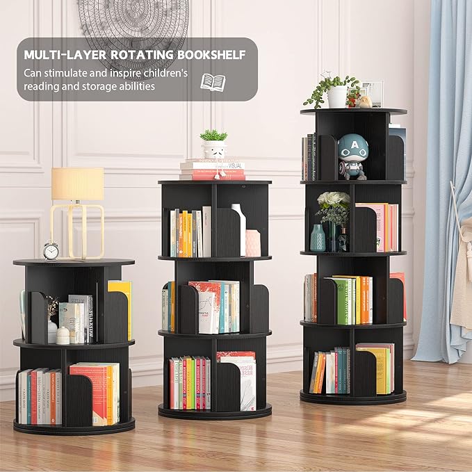 Aheaplus Rotating Bookshelf, 360 Display Corner Bookshelf for Small Space, 4 Tier Floor Standing Bookcase Storage Rack, Wood Narrow Organizer for Bedroom, Living Room, Study Room, Black - LeafyLoom
