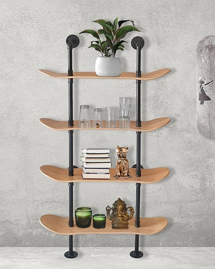 Industrial Shelves - 4 Tier Industrial Decor Pipe Bookcase Using 7 Ply Skateboard Decks - Natural Wood Stain Finish - Perfect Bathroom Wall Decor, Book Shelf for Skateboard Enthusiasts - LeafyLoom